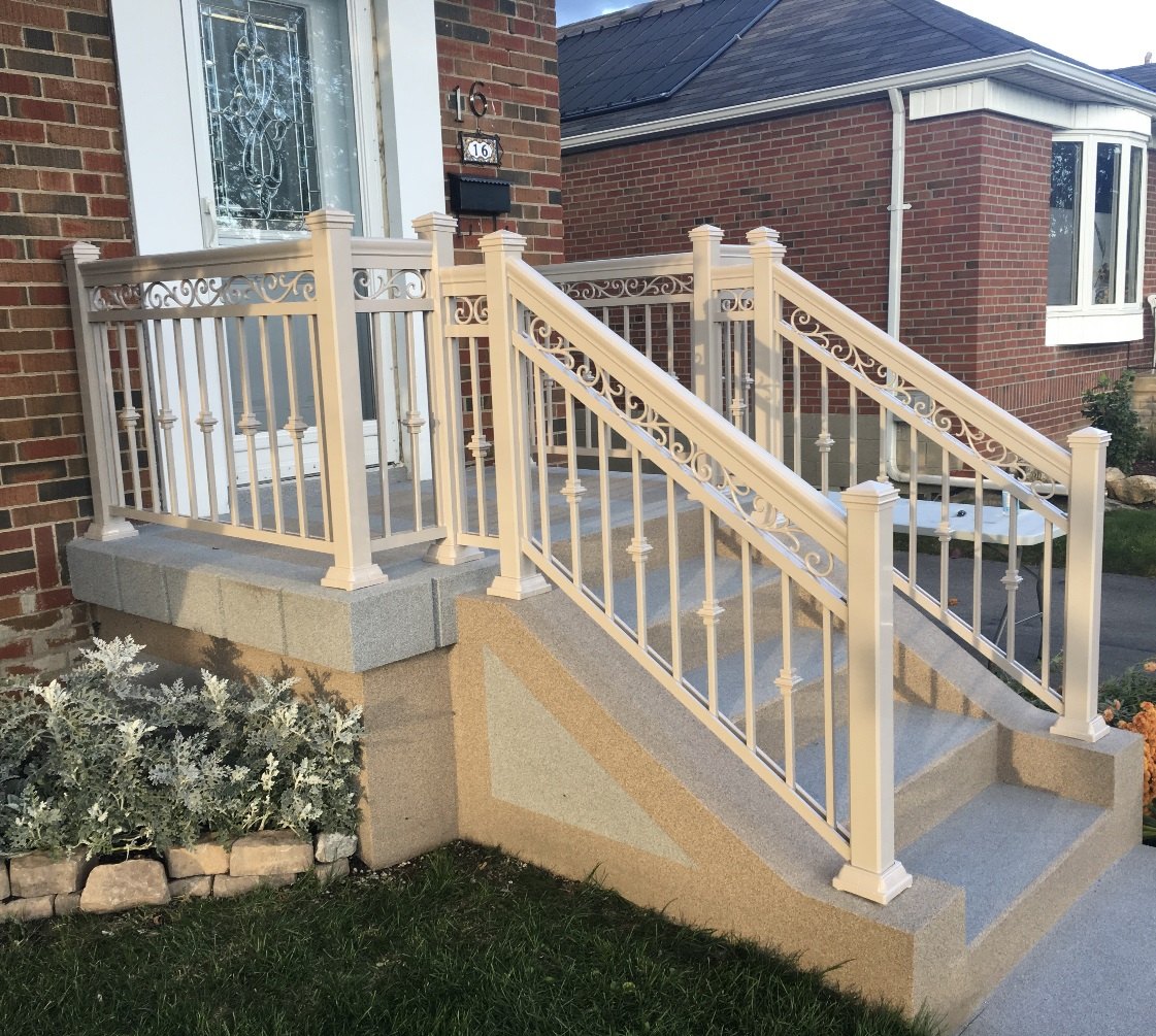 R5 Scroll beige stair railing on brick house